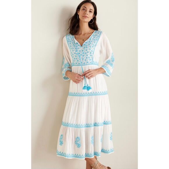 SOFT SURROUNDINGS Juniper Dress White Turquoise Embroidery, Midi, Sz M - Picture 13 of 13